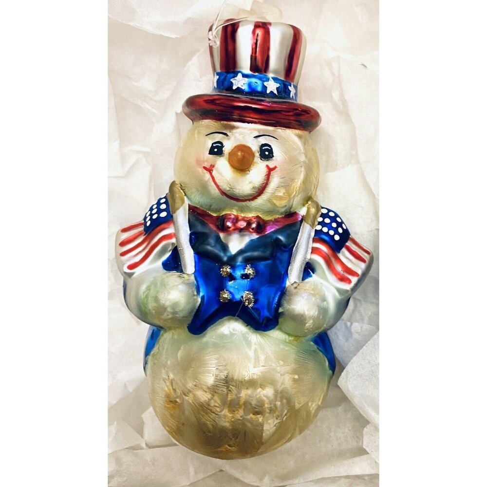 NEW Dept 56 Patriotic USA Flag Snowman Figure Christmas Ornament Blown Glass
